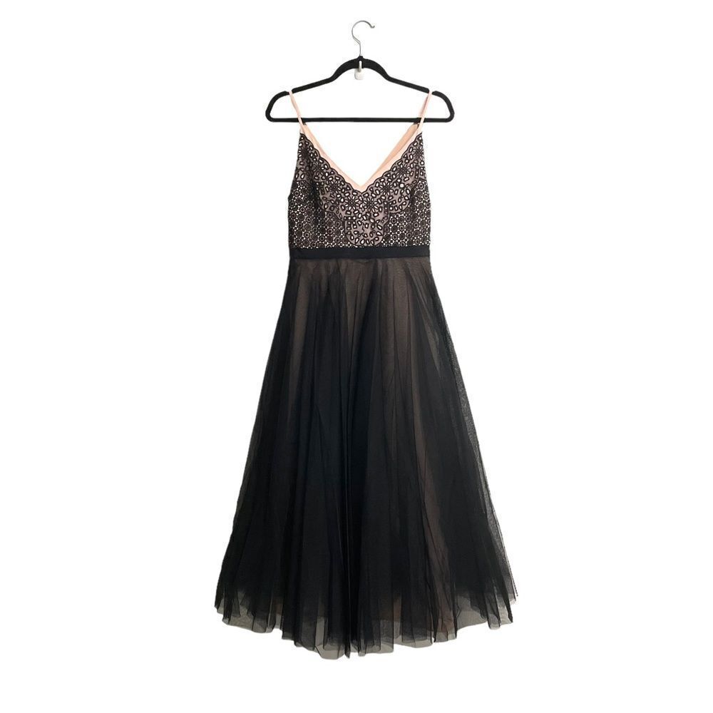 BCBGMAXAZRIA Black Pink Floral Lace Tulle Midi Dress Medium - Picture 2 of 8